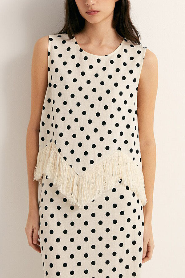 Verrah Linen Blend Polka Dot Print Tassel Trim Loose Tank
