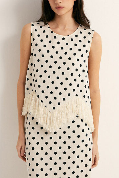 Verrah Linen Blend Polka Dot Print Tassel Trim Loose Tank