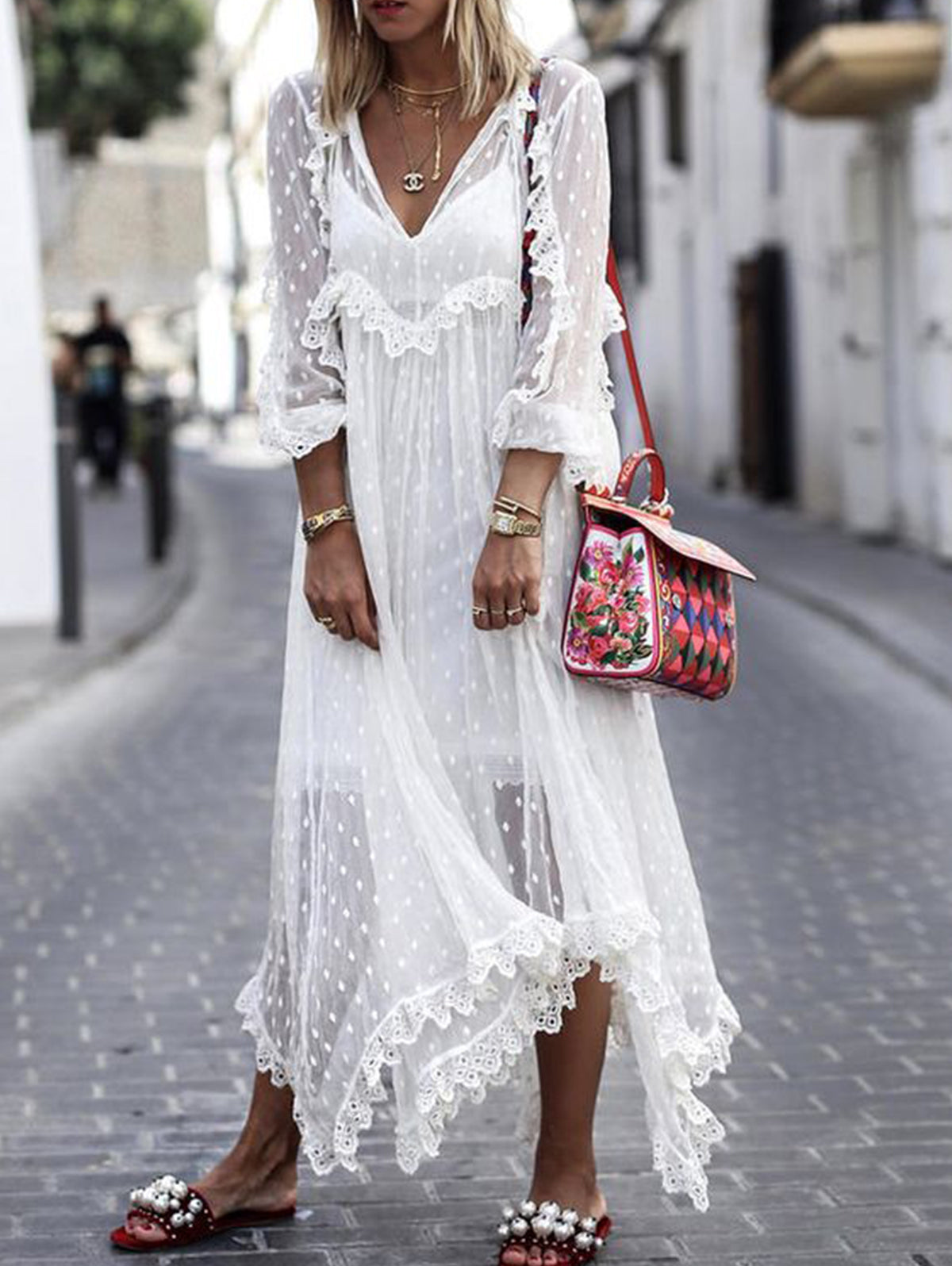 White Jacquard Polka Dot See-through Maxi Dress Long Sleeve