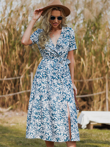 Floral Dress Printed Sash V-Neck Short Sleeves Chic Spring Midi Dresses