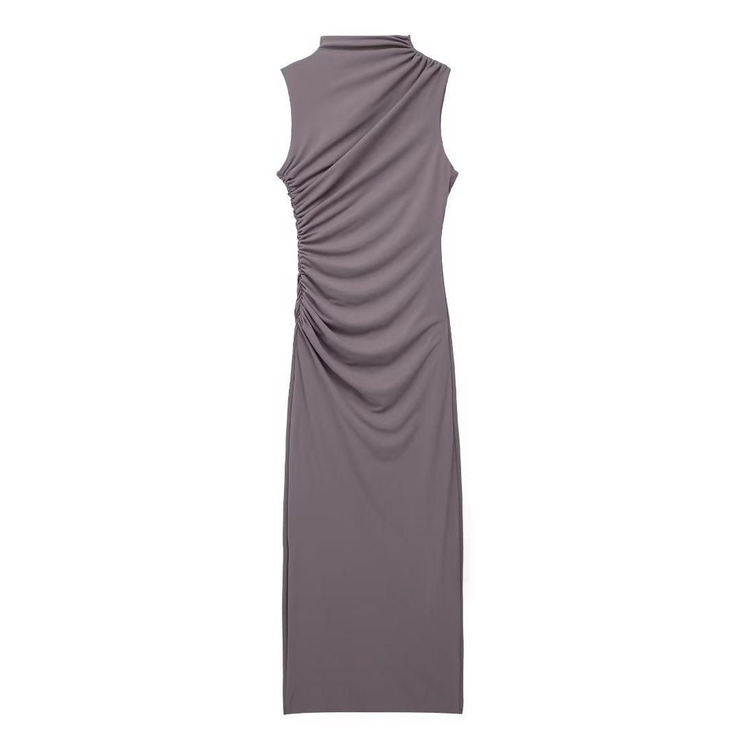 Women Clothing Stand Collar Sleeveless Straight Slim Pleated Decoration Midi Dress