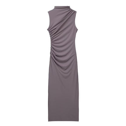 Women Clothing Stand Collar Sleeveless Straight Slim Pleated Decoration Midi Dress