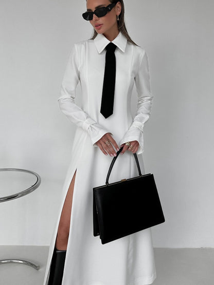 TARUXY Side Slit Long Dress For Women White Elegant Turn Collar Tie Midi Dresses Femme 2024 New Street Loose Slender Dress Woman