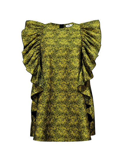 High Waisted Loose Flower Print Ruffled Zipper Round-Neck Mini Dresses