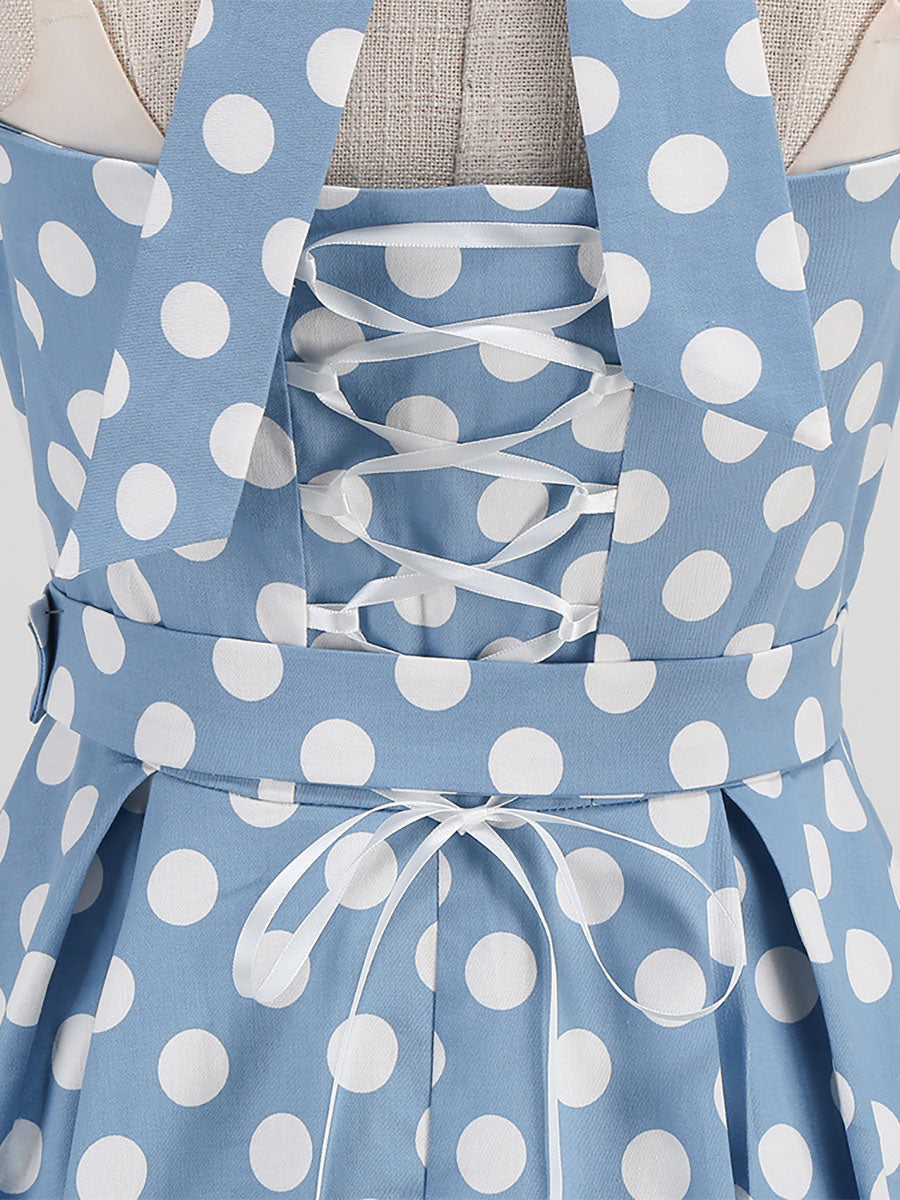 Dress Dot Halter Belted Ring Detail Retro Midi Dress