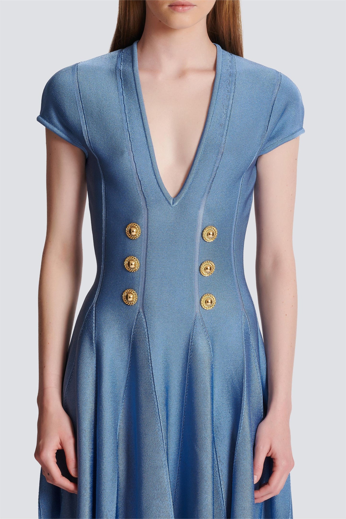 Knit V-Neck Metal Button Mini Dress