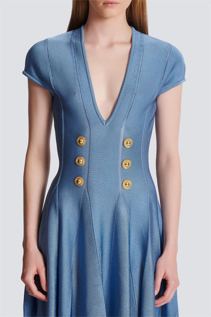 Knit V-Neck Metal Button Mini Dress