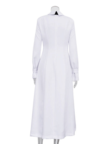 A-Line Flared Sleeves Buttoned Solid Color Split-Joint Split-Side Lapel Maxi Dresses Shirt Dress