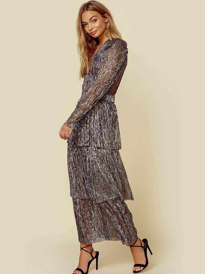Tiered Maxi Dress Plunge Illusion Sleeves Strong Shoulder Prom Dresses
