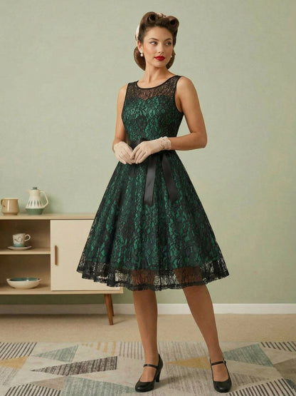 Retro Dress Green 1950s Style Two-Tone Sash Sleeveless V-Neck Medium Rockabilly Dress