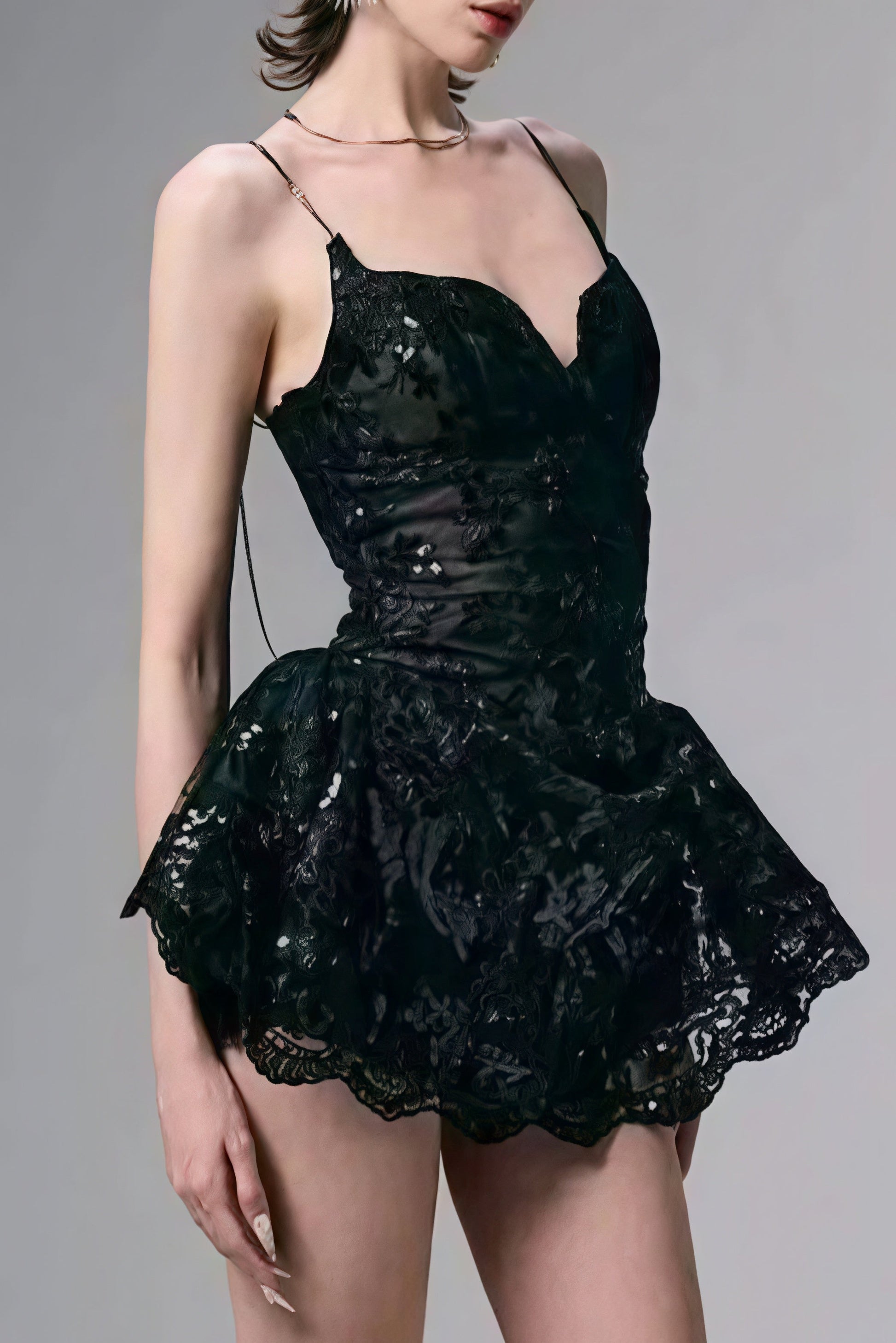 Deep V-Neck Spaghetti Strap Floral Lace Peplum Mini Dress
