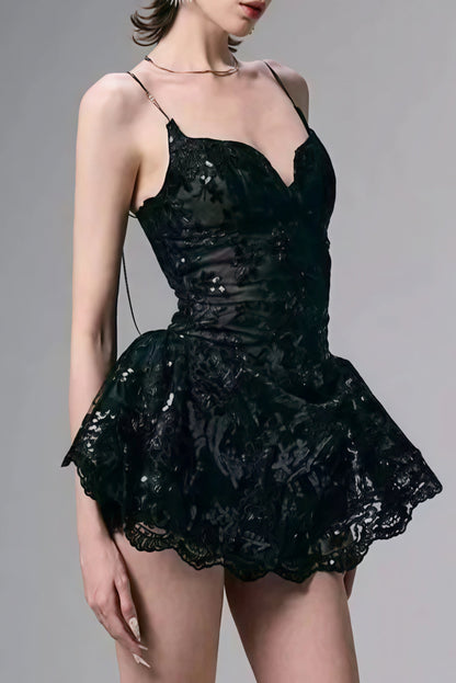 Deep V-Neck Spaghetti Strap Floral Lace Peplum Mini Dress