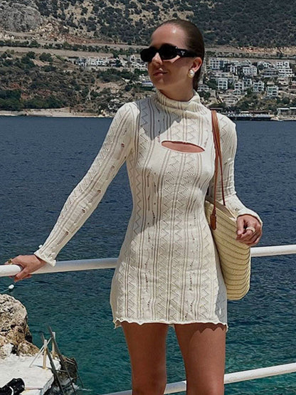 Knitted Dress High Collar Cut Out Long Sleeves Hollow Mini Dresses
