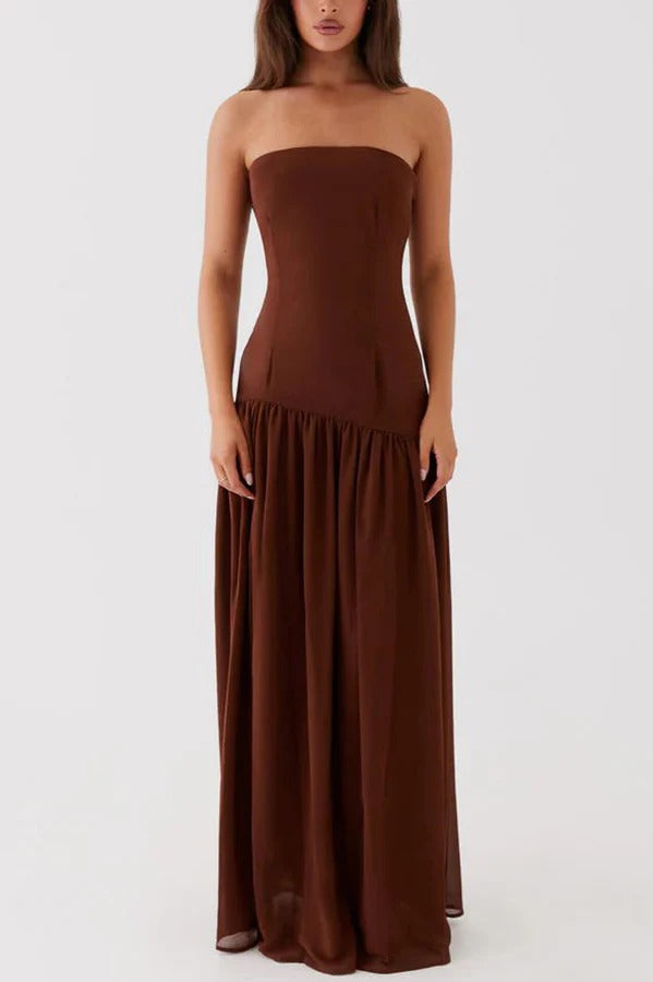 Strapless Bandeau Drop-Waist Gathered Chiffon High-Slit Maxi Gown