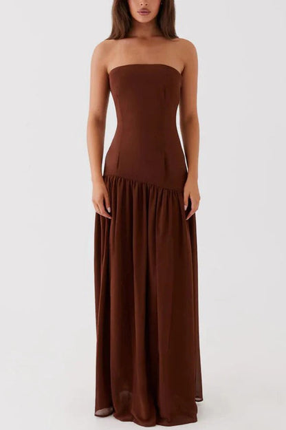 Strapless Bandeau Drop-Waist Gathered Chiffon High-Slit Maxi Gown