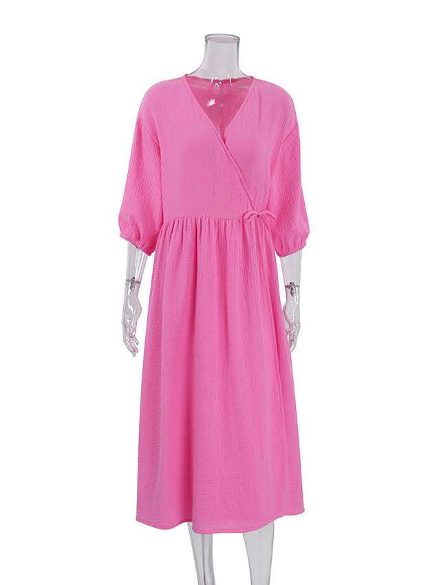 Wrap Dress V-Neck Half Sleeves Belted Casual Summer Midi Dresses