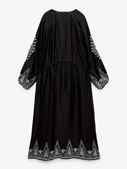 Geo Printed Boho Dress Lace Up Round Neck Daily Casual Maxi Dresses