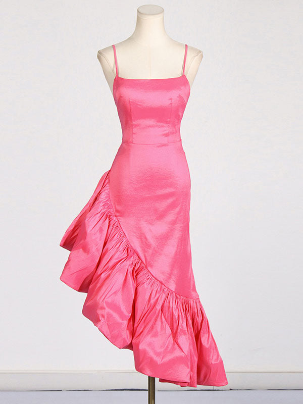 Asymmetrical Dress Spaghetti Strap Ruffles Backless Elegant Party Midi Dresses