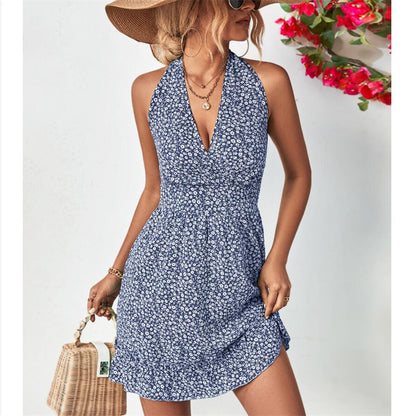 Stylish Halter Neck Open Back Ruffle Mini Dress