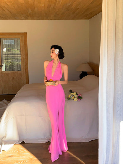 Pink Ruched Halter Maxi Dress – Soft & Feminine Summer Look