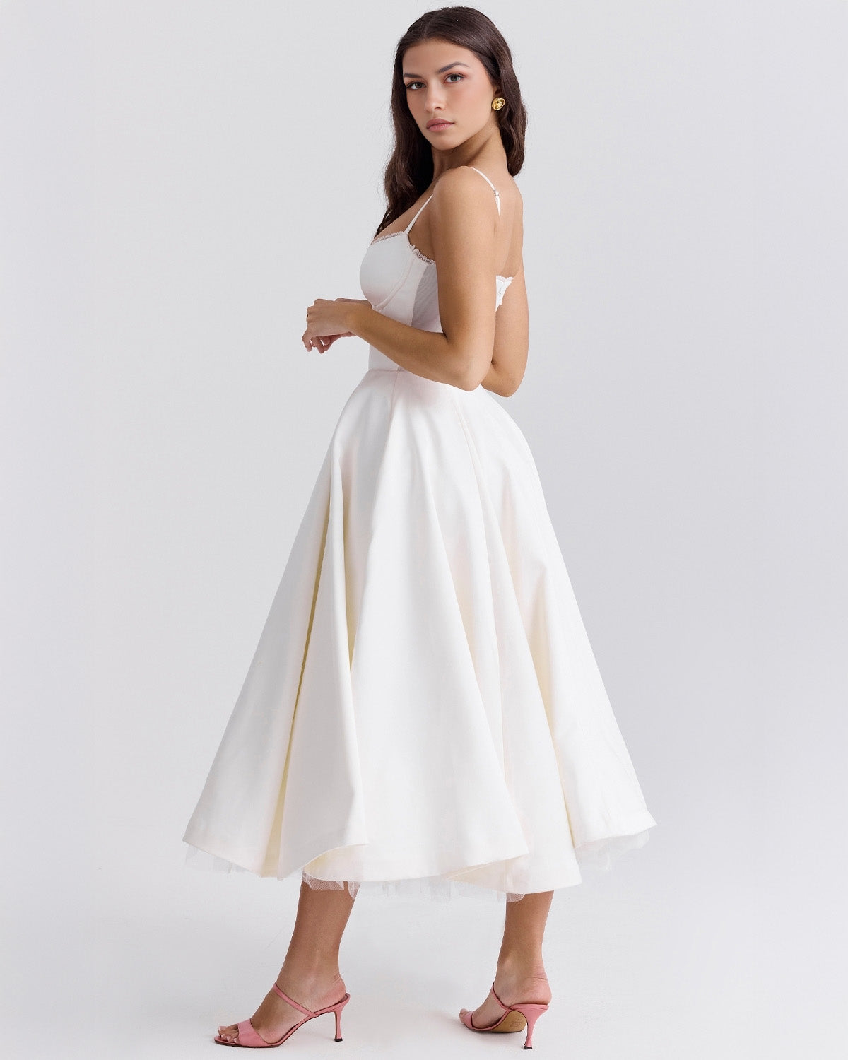 Bustier Spaghetti Strap Lace Trim Pleated Fit and Flare Midi Dress
