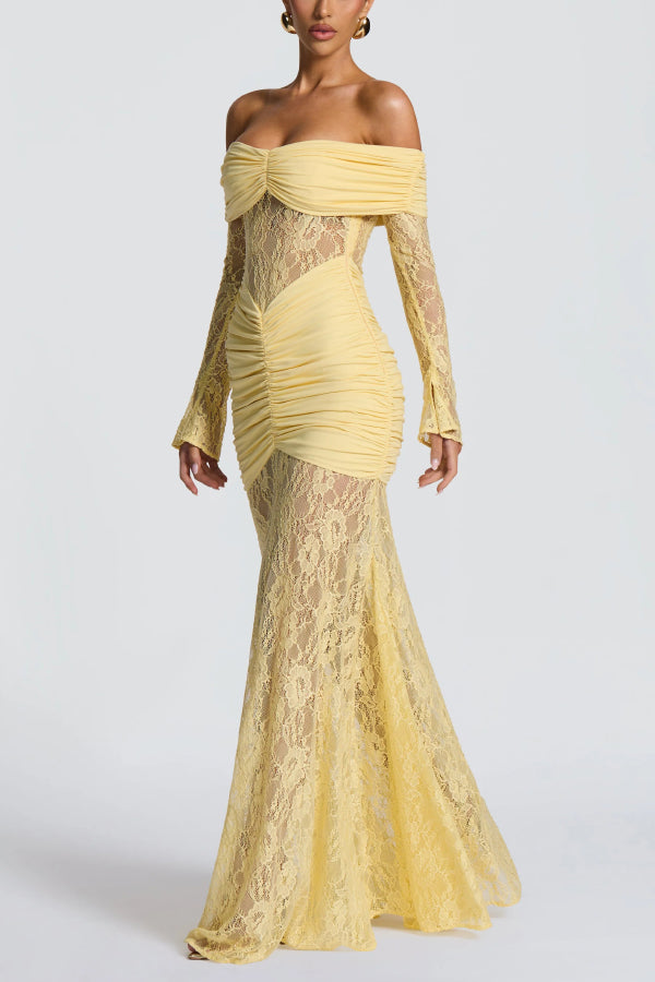 Solid Color Patchwork Lace Off-shoulder Long-sleeved Pleated Slim-fit Maxi Dress