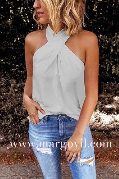 Margovil Criss Cross Halter Solid Sleeveless Top