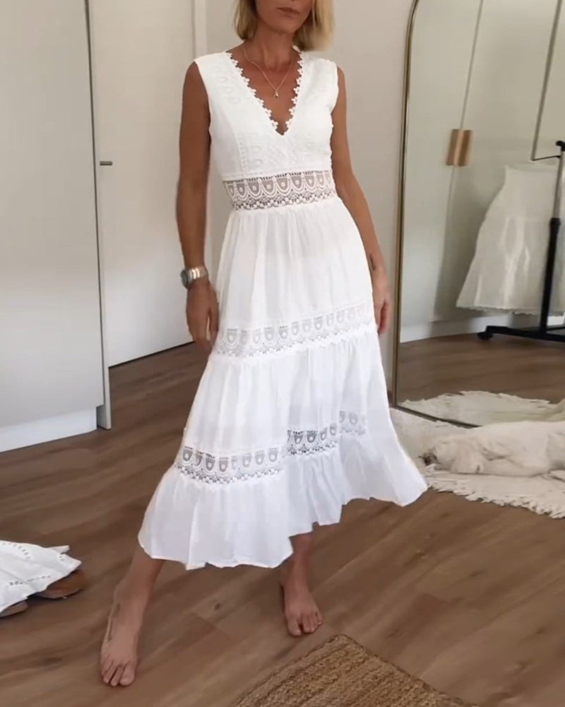 Crochet Lace Scalloped V-Neck Tiered Band Insert Midi Dress