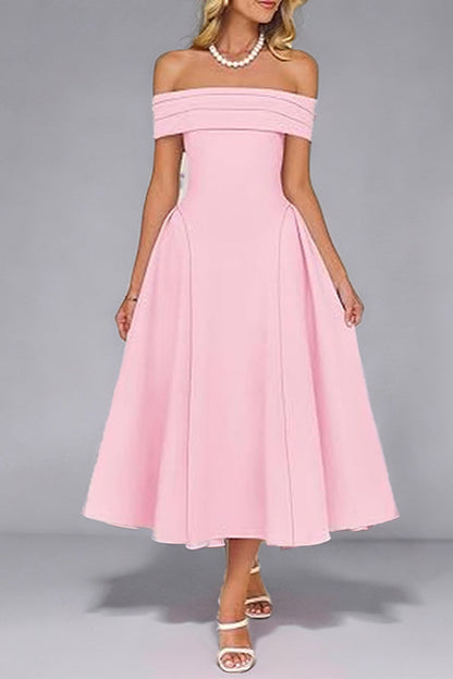 Off-Shoulder Waist-Cinched Solid Party Dress