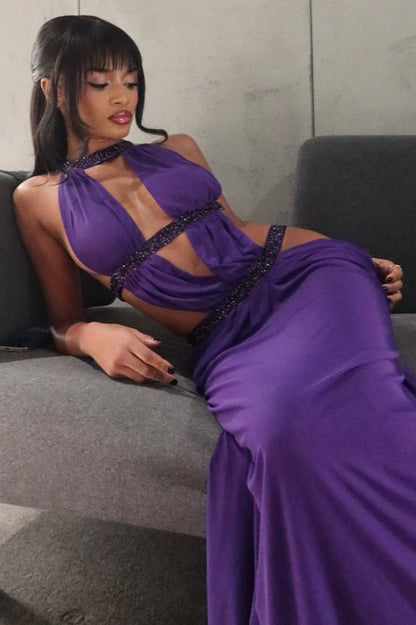| Cutout Backless Maxi Dress in Rhinestone
