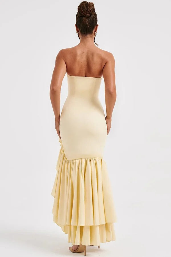 Strapless Ruched Hip Cascade Tiered Ruffle High-Low Maxi Gown