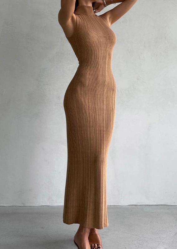 Mock Neck Rib Knit Sleeveless Bodycon Maxi Dress