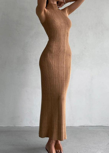 Mock Neck Rib Knit Sleeveless Bodycon Maxi Dress