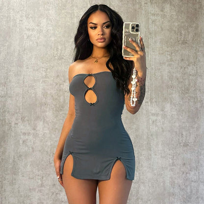 Y2K Sexy Mini Dress Women Summer Hottie Hollow Out Strapless Solid Color Pullover Dresses Streetwear 2024 Women Clothing