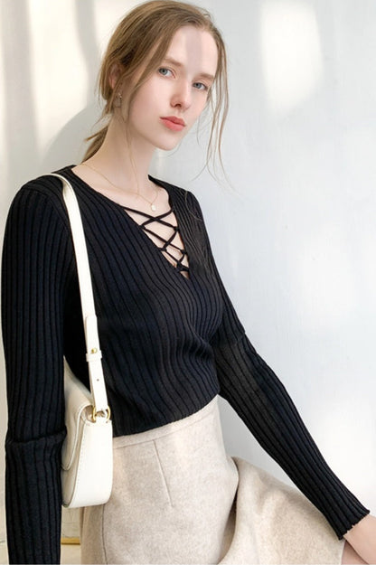 Slim Fit Lace Up V Neck Sweater
