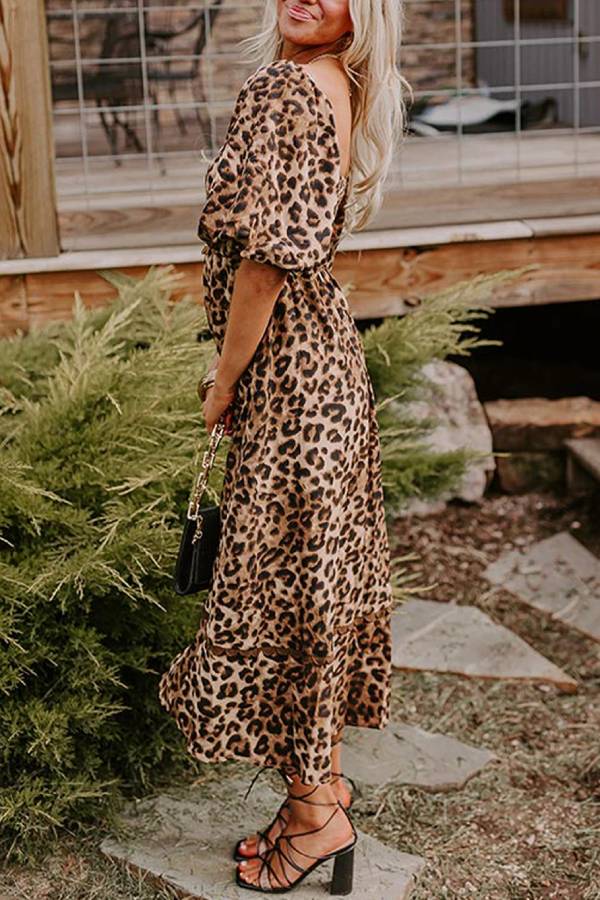 Print Square Neck Scalloped Lace Trim Puff Sleeve Tiered Maxi Dress