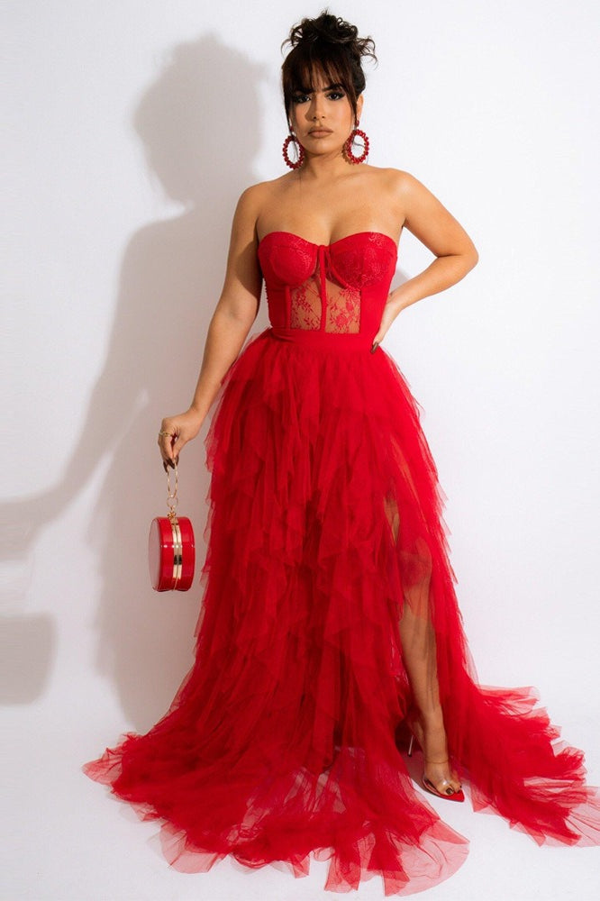 Lace Corset Sweetheart Strapless Tiered Tulle High Slit Maxi Skirt Set