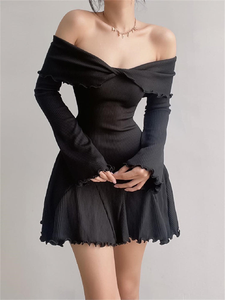 Tossy Black Knit Ruffled Mini Dress Women Patchwork Off-Shoulder Loose Slim Fashion Ribbed Dress Knitwear Clothes Female Dress