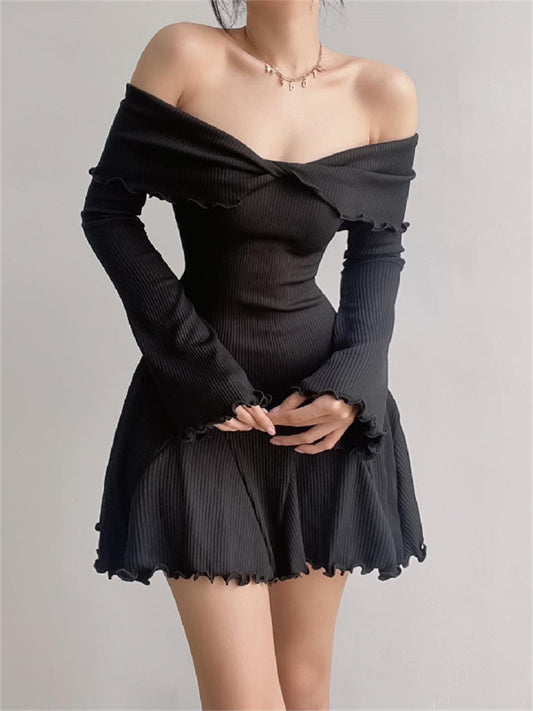 Tossy Black Knit Ruffled Mini Dress Women Patchwork Off-Shoulder Loose Slim Fashion Ribbed Dress Knitwear Clothes Female Dress