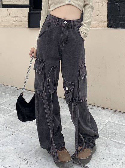 Vintage Wash High Rise Multi Pocket Cargo Jeans
