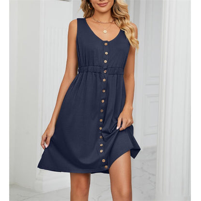 Solid Color Sleeveless Mini Dress with Button Details