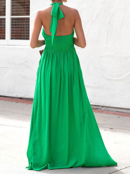 Summer Maxi Dresses Green V-Neck Pleated Beach Dress