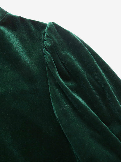 Velvet Dress Dark Green Layered Pleated Daily Casual Long Sleeves V-Neck Fall Midi Dress