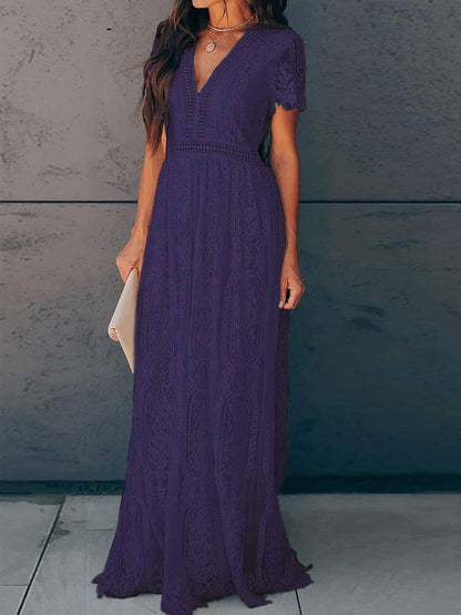 V-Neck Maxi Dress Short Sleeves Casual Long Dress