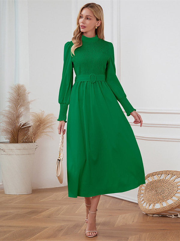 Midi Dress Pleated Polyester Elegant Crewneck Long Sleeves