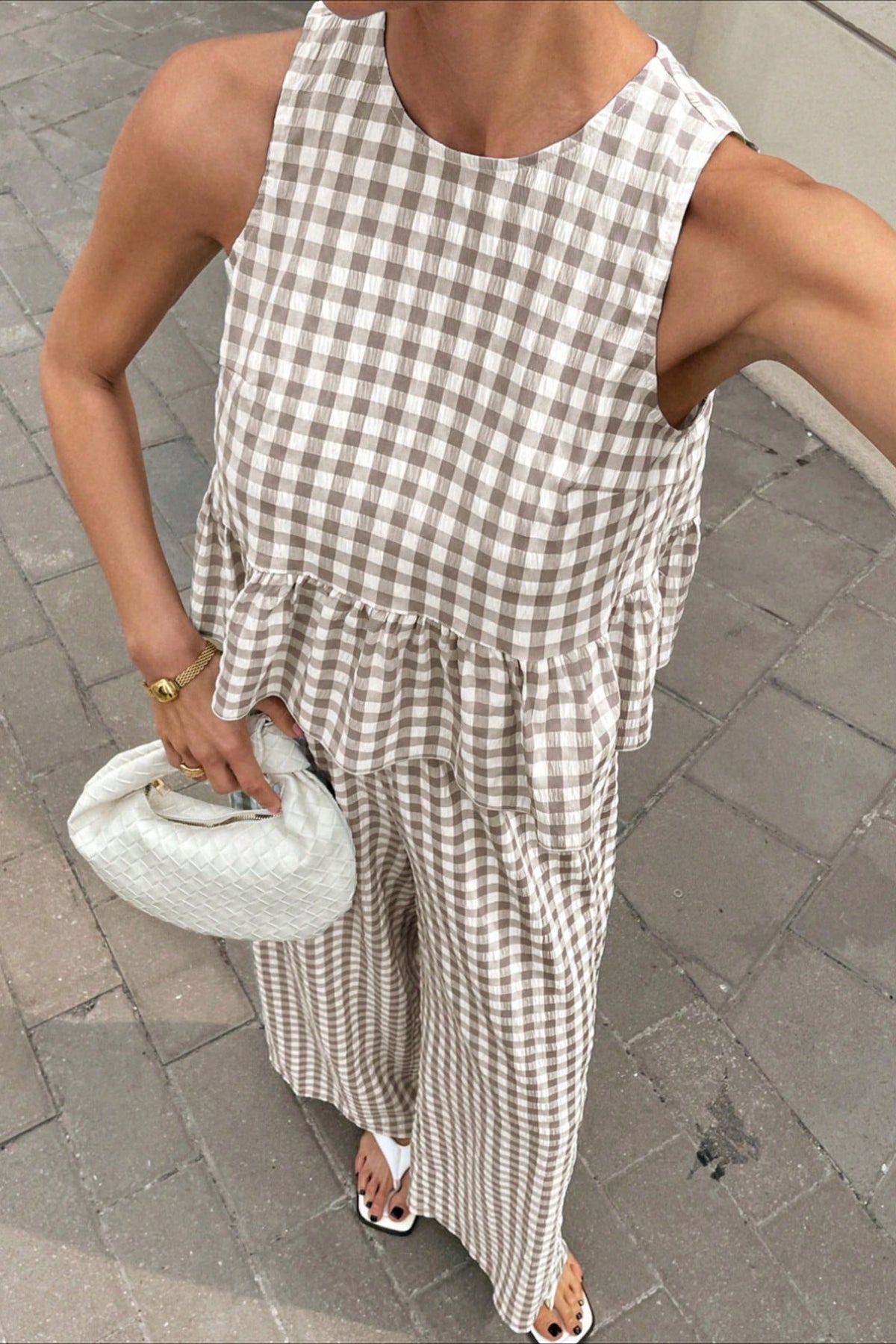 Plaid Ruffle Hem Round Neck Sleeveless Skirt Set
