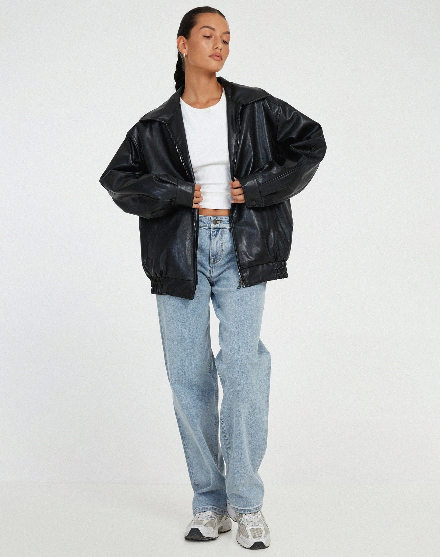 | Women’s Oversized Leather Bomber Jacket