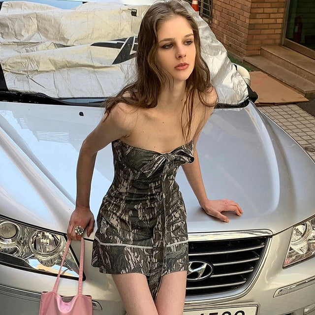 Bow Appliques Mini Dress Women Summer Sexy Strapless Ruffles Backless Party Chic Clubwear Skinny Print Dresses