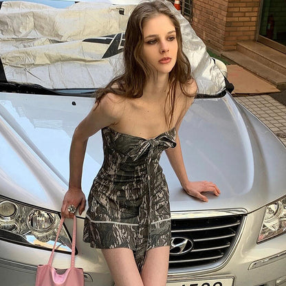 Bow Appliques Mini Dress Women Summer Sexy Strapless Ruffles Backless Party Chic Clubwear Skinny Print Dresses