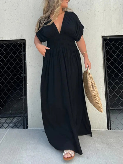 V-Neck Smocked Empire Waist Flutter Sleeve Pocket Maxi Dress with Side Slit